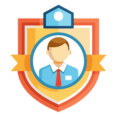 Man in blue shirt red tie badge award recognition employee