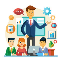 Business presentation with team and data charts training meeting