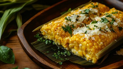 Sweet corn pudding wrapped and steamed in corn husks, unwrapped and served warm with cheese and herbs on a wooden plate.