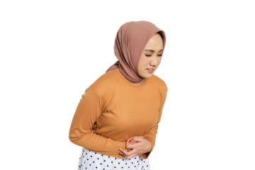 Muslim woman in hijab suffering from stomach ache and holding belly in pain isolated on transparent background