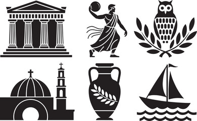 Ancient Greek elements vector with temple discus thrower owl amphora ship and church