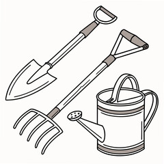 Gardening tools shovel fork watering can vector