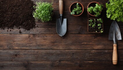 Gardening tools and seedlings on rustic wooden table