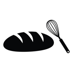 A loaf of bread and a whisk are silhouetted against a white background, representing baking and cooking