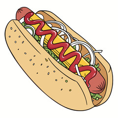 Delicious hotdog with ketchup mustard onions and lettuce sausage