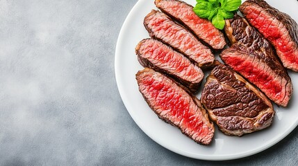 Slices of grilled steak on a white plate.