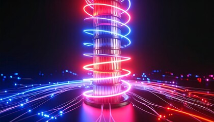 Towering structure with vibrant neon spirals and fiber optic trails