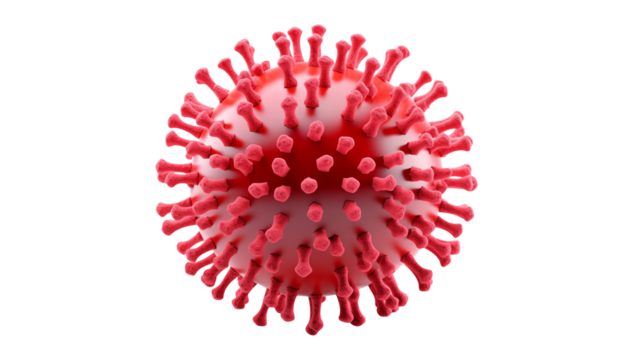 Microscopic view of a red coronavirus cell isolated on transparent background representing infectious disease.