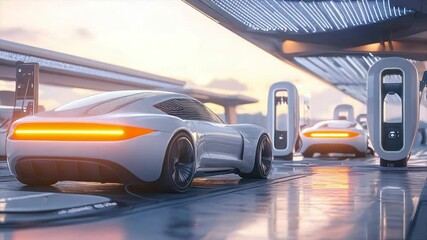 Futuristic electric vehicles charging at a sleek station during sunrise