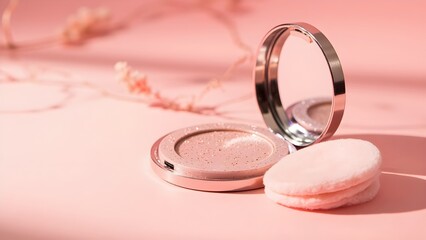 Glittery cosmetic powder in a pink case, complete with applicator and mirror on pastel pink.

