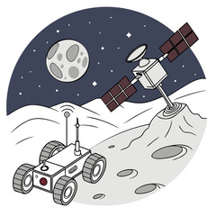 Lunar rover and satellite exploring moon surface lunar exploration space