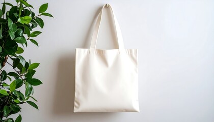 Tote Bag Mockup Hanging on Wall with Plant Decor