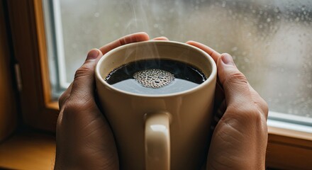 Cozy hands warming a cup of black coffee by a rainy window scene
