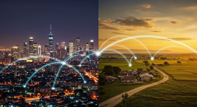Connected city and rural landscape with networking and communication lines