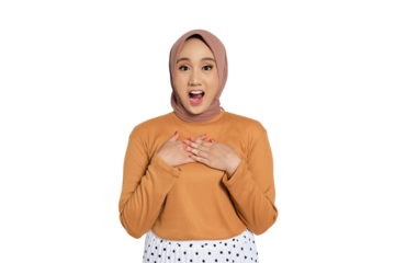 Surprised Muslim woman in hijab with hands on chest and shocked expression isolated on transparent background
