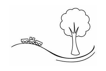 Simple train and tree illustration engine carriages