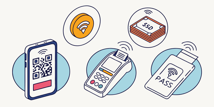 Digital payment methods including qr code phone card reader and contactless pass isolated on white background