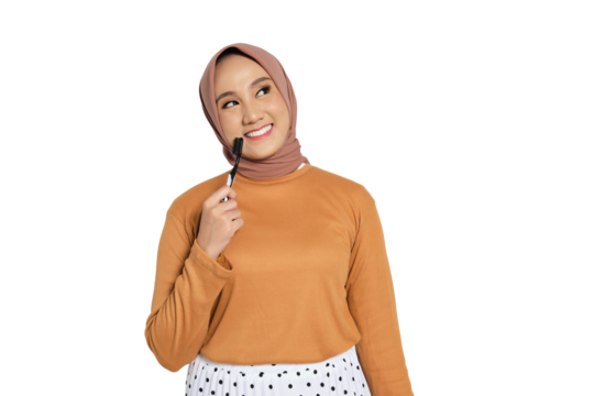 Smiling Muslim woman in hijab holding toothbrush with dental care concept isolated on transparent background