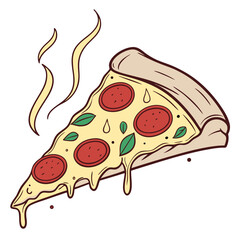 Delicious pepperoni pizza slice with melting cheese and basil melted