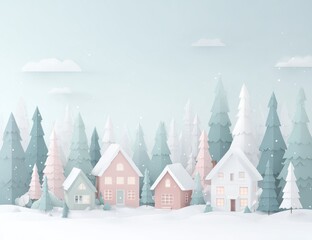 Winter village scene, pastel colors, paper cut style
