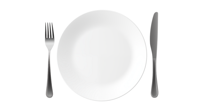 Empty white plate with fork and knife, ready for food service and culinary presentations isolated on transparent background