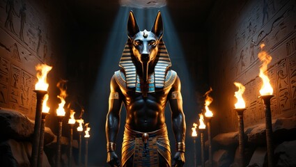 Anubis stands tall in a sacred torch-lit tomb, evoking ancient Egyptian power, divine mystery, and mythological symbolism in shadow and flame. 1