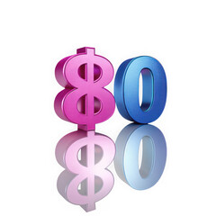 3d metallic pink dollar sign and blue number eighty with reflection isolated on transparent background