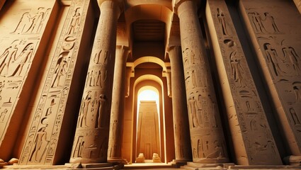 Majestic sandstone pillars of an ancient Egyptian temple illuminated by golden sunlight, showcasing sacred hieroglyphs and timeless architectural mastery. 2