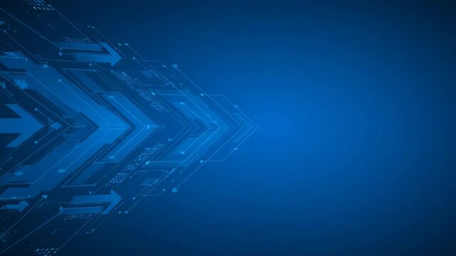 A dynamic blue arrow pattern suggests forward movement and technological advancement