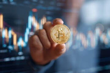 Hand Holding Bitcoin Coin with Financial Chart in Background