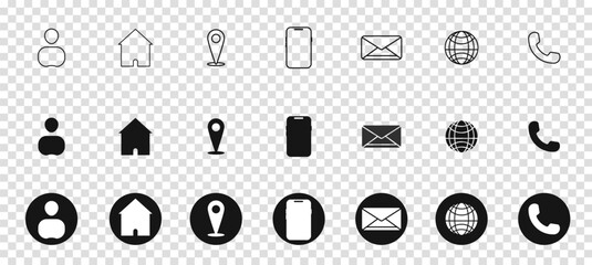 business card and website icon set. contact information icons containing name, location, phone, email and web address symbol. transparent and vector illustration.