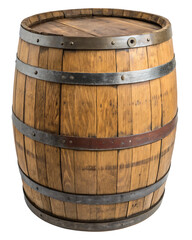 Rustic wooden barrel with metal bands and a circular opening on top isolated on a transparent background