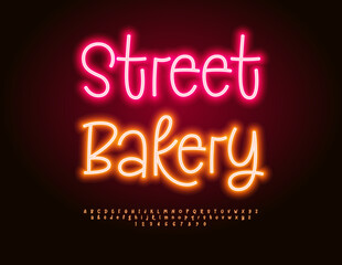 Vector Promo board Street Bakery. Led Illuminated Font. Neon Playful Alphabet Letters and Numbers set.
