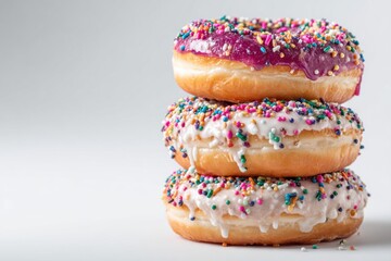 Colorful Donuts with Sprinkles Stacked on a Light Background
