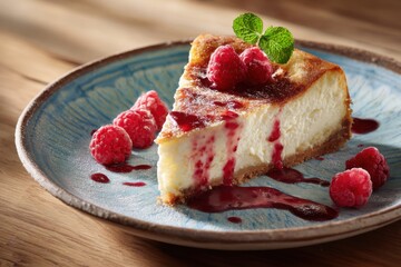 Delicious Cheesecake Slice with Raspberries and Mint Garnish