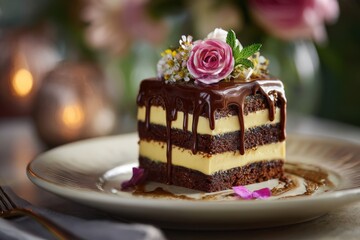 Delicious Chocolate Cake with Floral Garnish and Soft Background