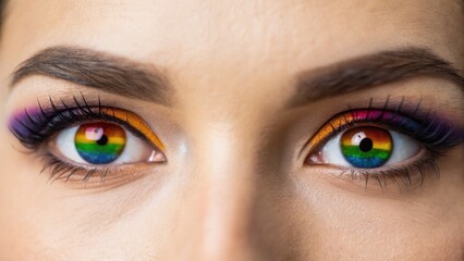 Obraz premium Eyes featuring vibrant rainbow colors with artistic makeup, showcasing a unique and expressive look.