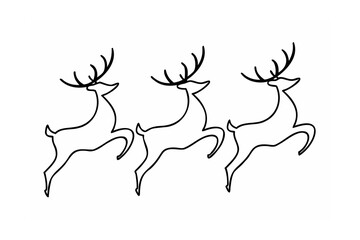 Fototapeta premium Three bounding reindeer outlines silhouette black and white