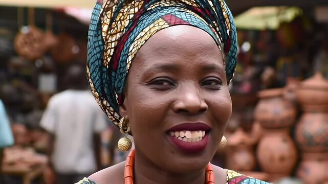 Smiling African Woman With Bronze Skin Wearing Colorful Patterned Headwrap and Traditional Jewelry in Market Setting