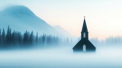 Fototapeta premium Misty church in a tranquil winter landscape.