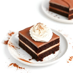 Delicious Chocolate Cake Slice – Sweet Dessert with Cream and Cocoa Decoration on Plate

