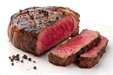 Juicy grilled beef steak with peppercorns medium rare