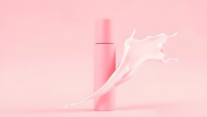 Beauty product in pink packaging with white splash effect on pastel pink surface.

