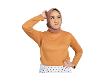 Confused young Muslim woman in hijab scratching head and looking up isolated on transparent background