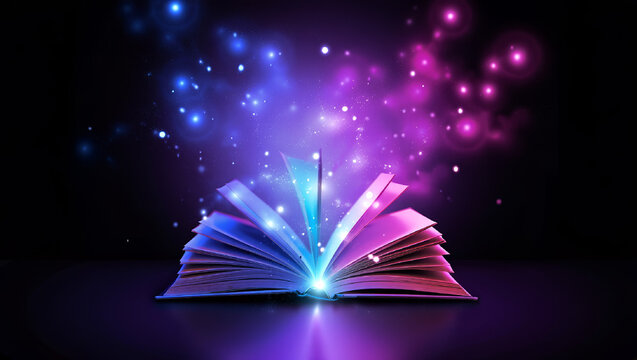 Open book emitting colorful, glowing light rays, symbolizing knowledge, imagination, and the magic of reading. AI generated.
