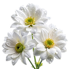 Three white daisy like flowers with green centers covered in water droplets isolated on a transparent background