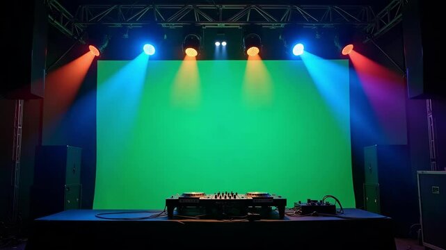 A vibrant DJ stage glows with flashing lights and colorful beams sweeping across a green screen, creating dynamic 4k footage.