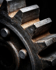 Close-up of interlocking industrial steel gears with worn surfaces and dramatic lighting