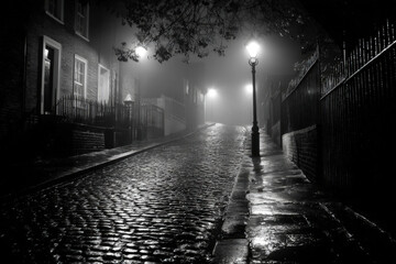 Rainy film noir street scene with glowing streetlamp and misty cobblestones