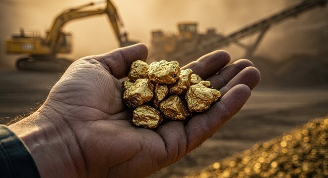 Miner's hand holding heap of gold nuggets against mining equipment backdrop - Powered by Adobe